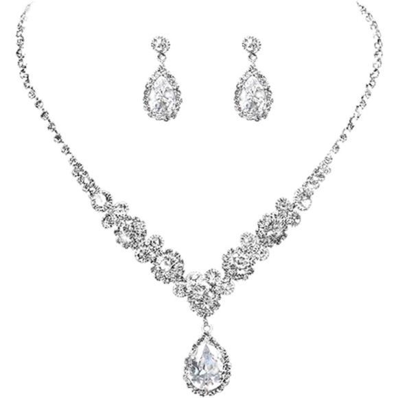 Bride Jewelry Set Silver Crystal Wedding Necklace Earrings Bridal Rhinestone - Picture 1 of 6